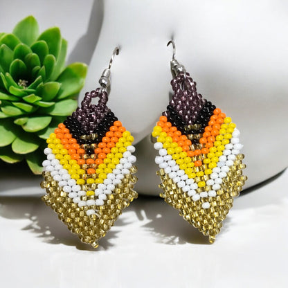 Gold and blackberry Beaded Feather Drop Earrings