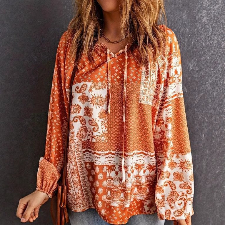 Women's Long-sleeved Printed Ethnic Blouse T-shirt Shirt