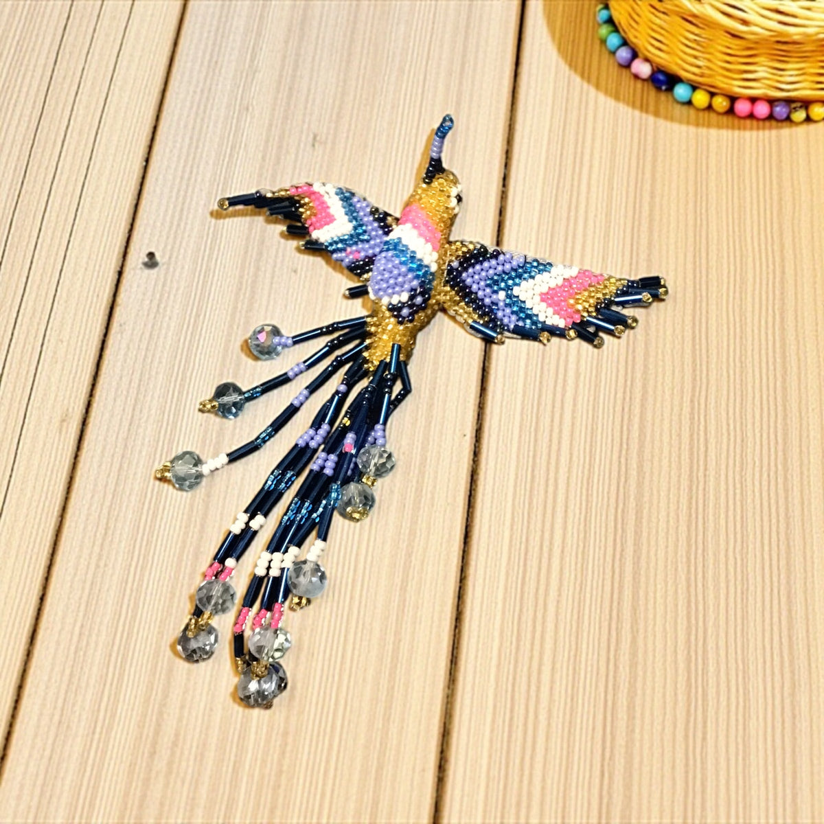 Golden and Blue Hummingbird Barrette with Fringes