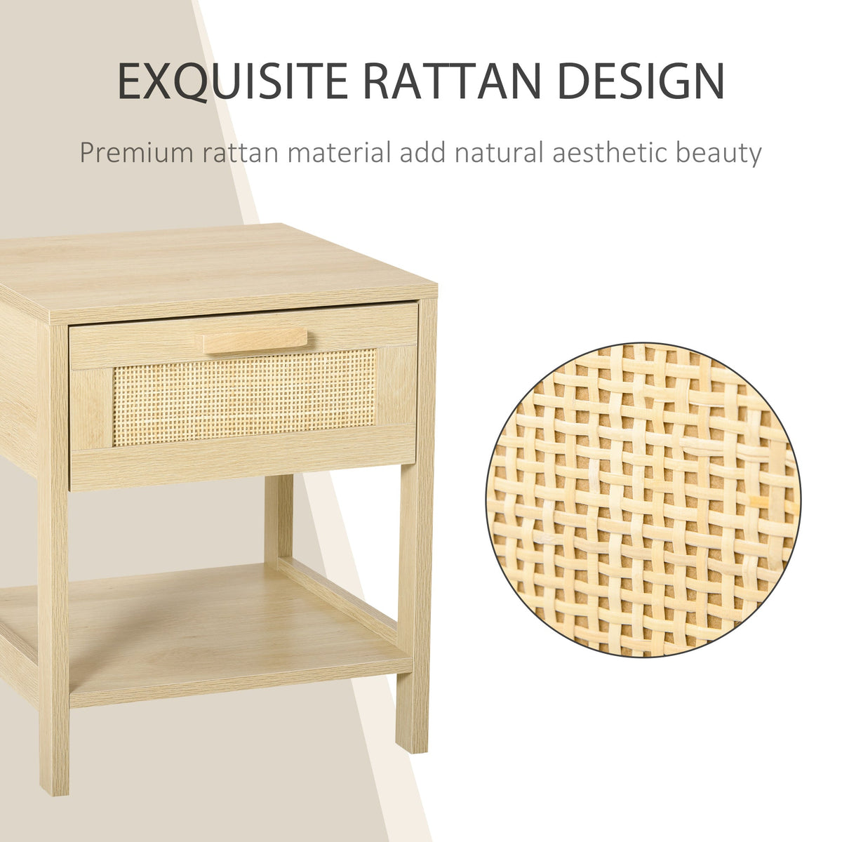 Narrow Nightstand with Rattan Elements, Bedside Table with Drawer and Storage Shelf for Bedroom, Natural