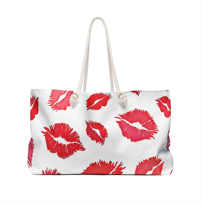 Red Lipstick Kiss Pattern Weekender Bag | Lip Print Travel Tote | Large Tote Bag