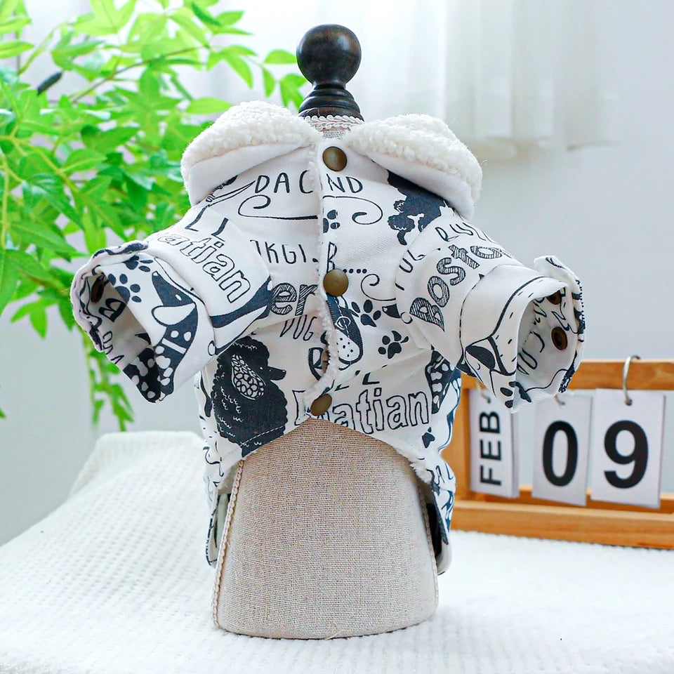Sketch Print Dog Coat | Warm Dog Coat with Fur Trim