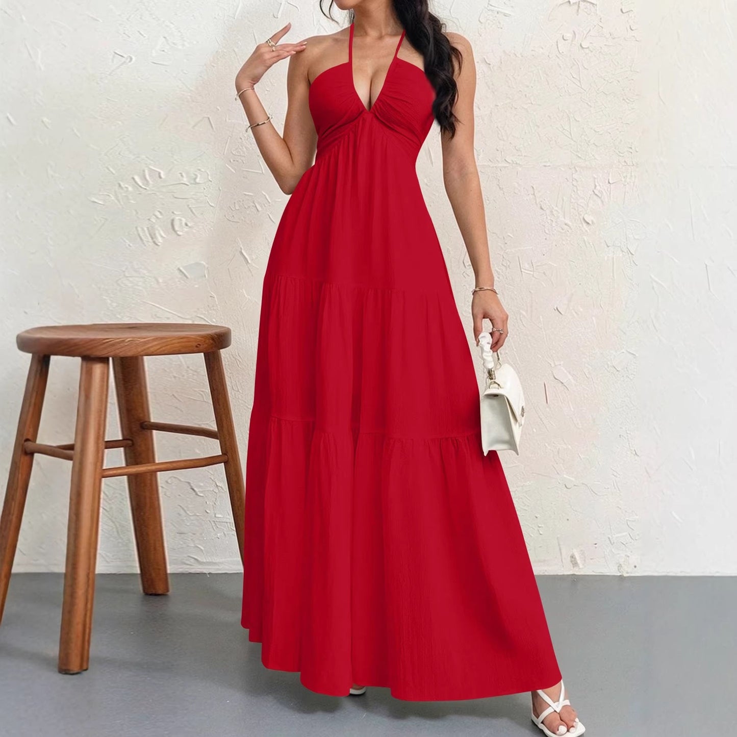 Backless Halterneck V-Neck Pleated A- Line Dress Women's Clothing One-Piece Dress Ankle-length Skirt For Beach Vacation Outfits