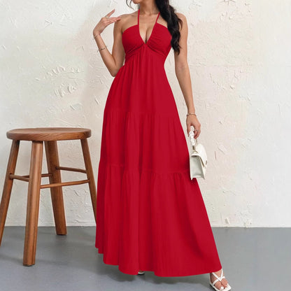 Backless Halterneck V-Neck Pleated A- Line Dress Women's Clothing One-Piece Dress Ankle-length Skirt For Beach Vacation Outfits