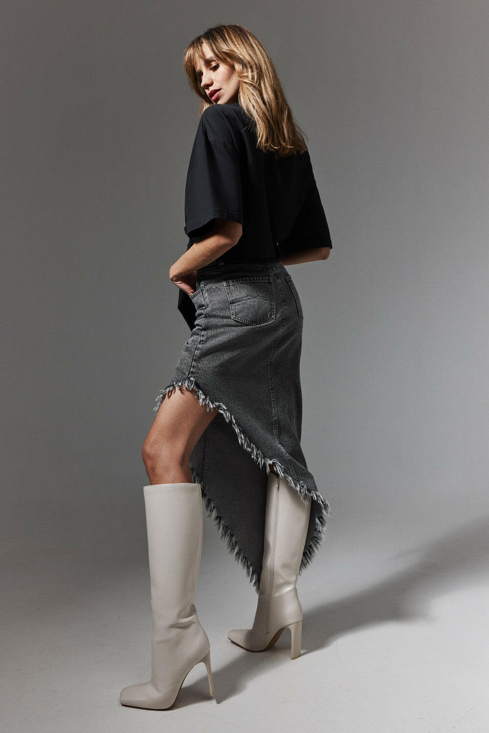 Asymmetric Frayed Denim Skirt