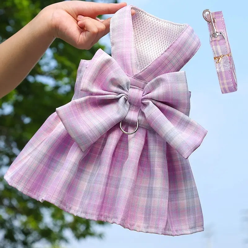 Plaid Dress Harness and Leash Set – Luxury Walking Outfit for Dogs