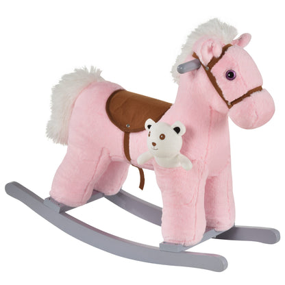Kids Rocking Horse Plush Animal on Wooden Rockers with Sounds, Wooden Base and Bear Toy, Baby Rocking Chair, Brown