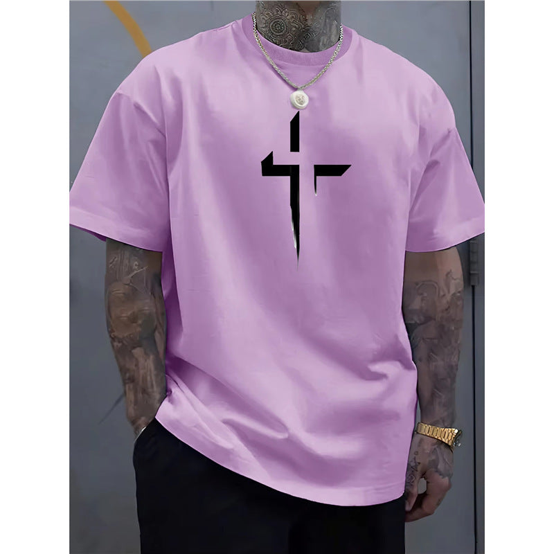 Street-style Mens Casual Loose-fit Cross-print Creative Sports Short-sleeve Top
