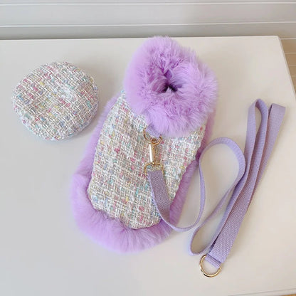 Lilac Harness and Leash Set | Plaid Dog Harness Hat Set