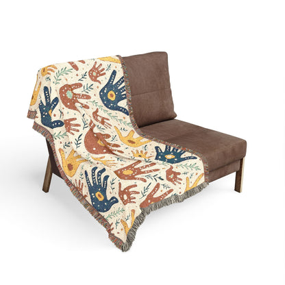 Handprint Pattern Woven Blanket — Boho Tribal Throw for Living Room, Nursery, or Gift