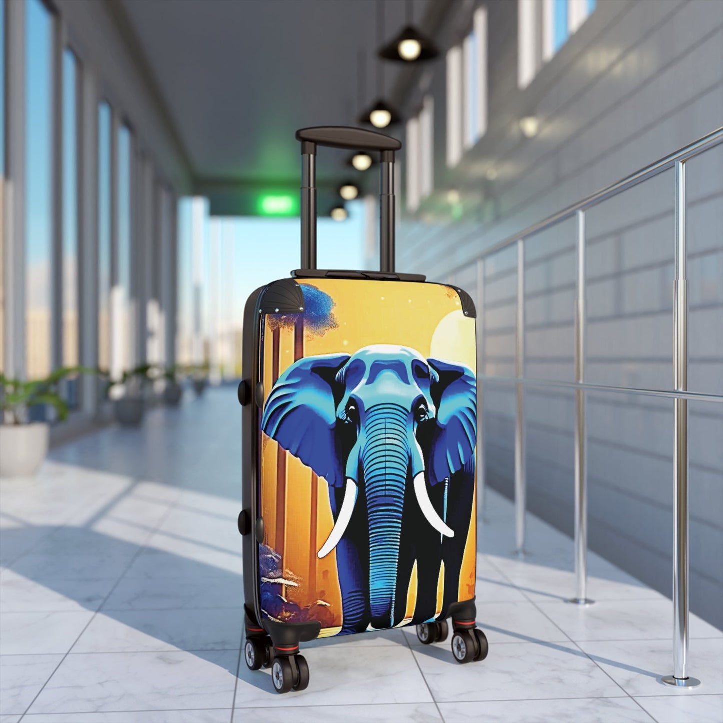 Elephant Sunset Suitcase — Vibrant Travel Luggage with Blue Elephant Design