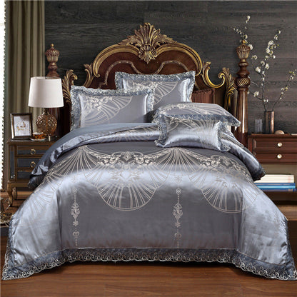 Jacquard Cotton Four‑Piece Luxury Bedding Set – Pure Cotton Duvet Cover &amp; Silk‑Satin Finish Bed Sheet