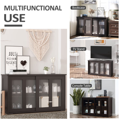 Modern Kitchen Sideboard, Stackable Storage Cabinet, Sliding Glass Door Console, Cupboard Serving Buffet for Kitchen & Dining Room, Black