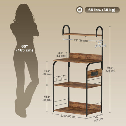 Baker's Rack with Charing Station, Microwave Shelf with Power Outlet, USB Charger and 4 Hooks, Rustic Brown