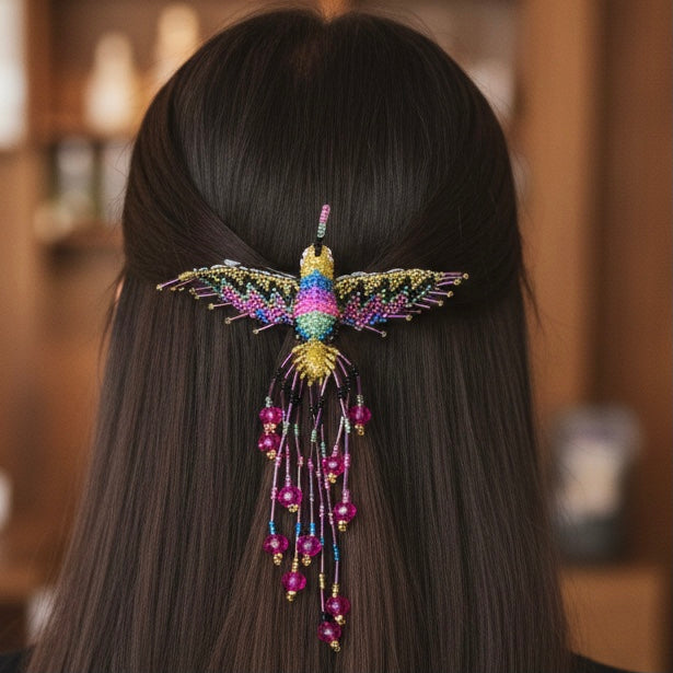 Gold blue pink Hummingbird Barrette with Fringes