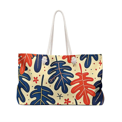 Abstract Tropical Leaves Weekender Bag | Blue Orange Leaf Pattern, Large Tote Bag