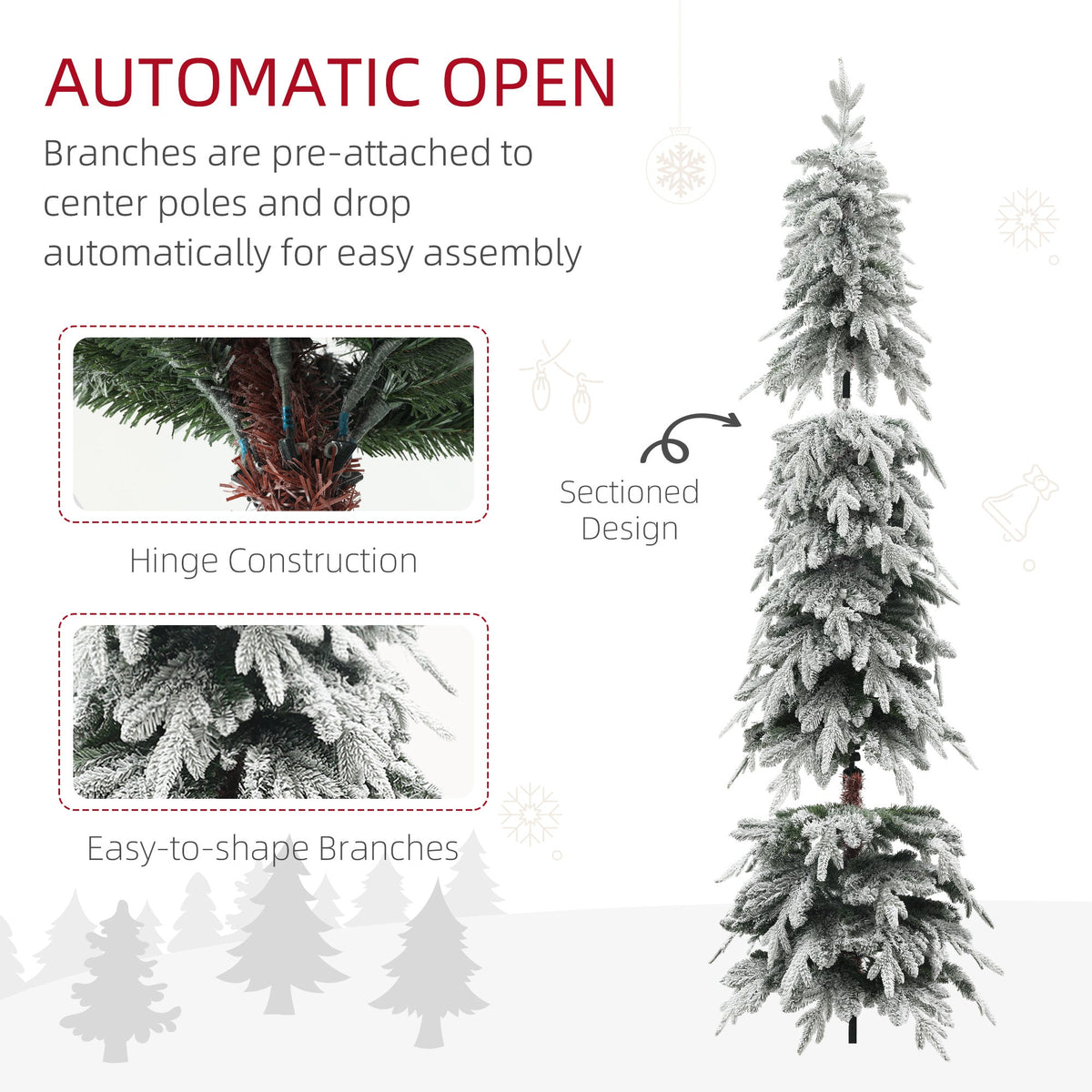 6ft Pencil Flocked Artificial Christmas Tree with 600 Branch Tips, Auto Open and Steel Base, Green