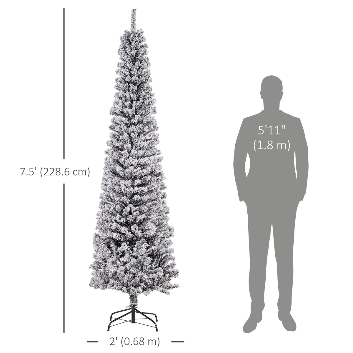 6ft Flocked Christmas Tree, Pencil Christmas Tree with Realistic Branch Tips, Folding Metal Stand, Green