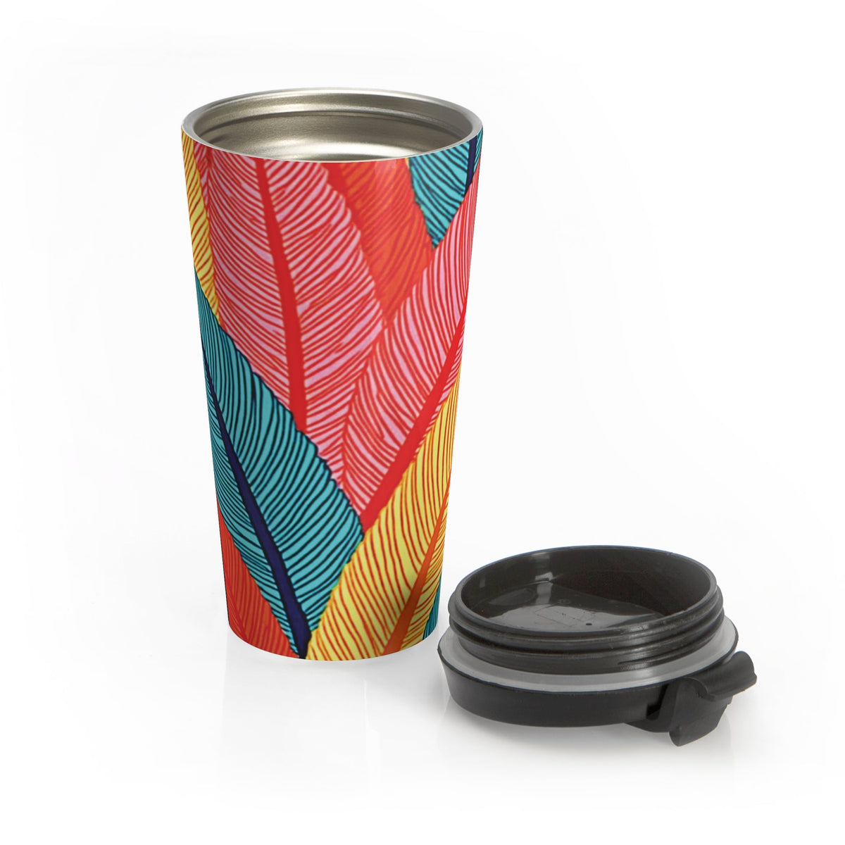Tropical Feather Stainless Steel Travel Mug — Colorful Leaf Pattern, Insulated Coffee Tumbler