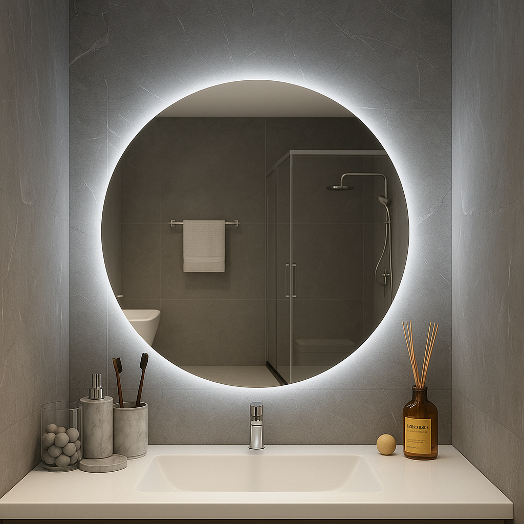HaloLux Round LED Bathroom Mirror — Edge Back-Lit Halo, Dimmable Touch (Warm/Neutral/Cool), Hardwired | 24″, 28″, 32″