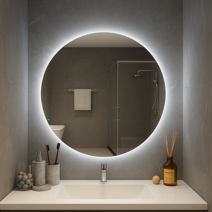 HaloLux Round LED Bathroom Mirror — Edge Back-Lit Halo, Dimmable Touch (Warm/Neutral/Cool), Hardwired | 24″, 28″, 32″