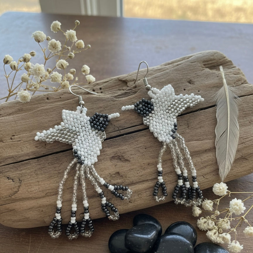 Handmade Beaded Hummingbird Earrings – white and black