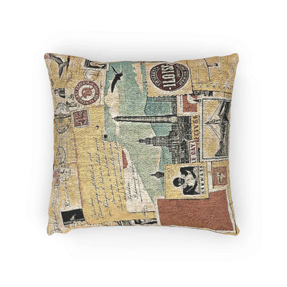 Vintage Travel Collage Woven Pillow | Cityscape Postcard Tapestry
