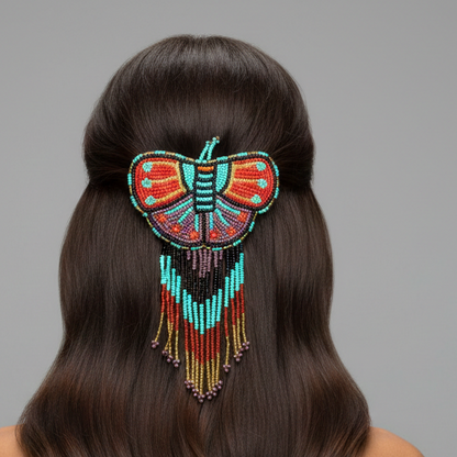 Butterfly Beaded Barrette with Fringes- Red and Turquoise