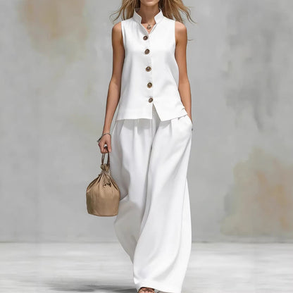 Casual Two-Piece Stand Collar Sleeveless Vest And Matching Pants Set - Summer Women Vest & Pan Two Piece Outfit