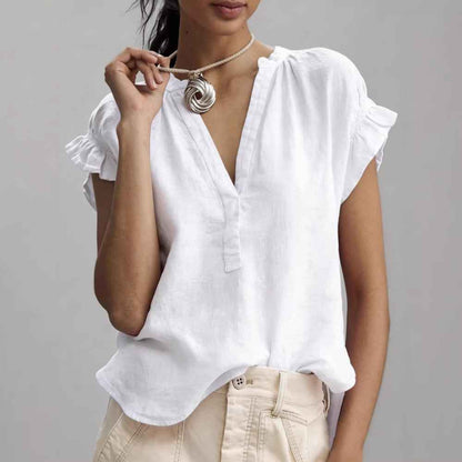 Women's Casual V-Neck Cotton-Linen Blouse Top Summer Ruffle Short-Sleeve Solid Color Office Daily Wear Shirts