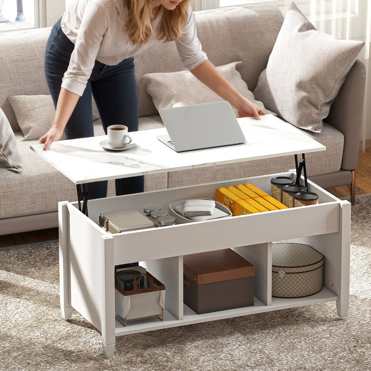 Lift Top Coffee Table, Modern Center Table with Storage Shelves and Hidden Compartment for Living Room, 41" L, Espresso