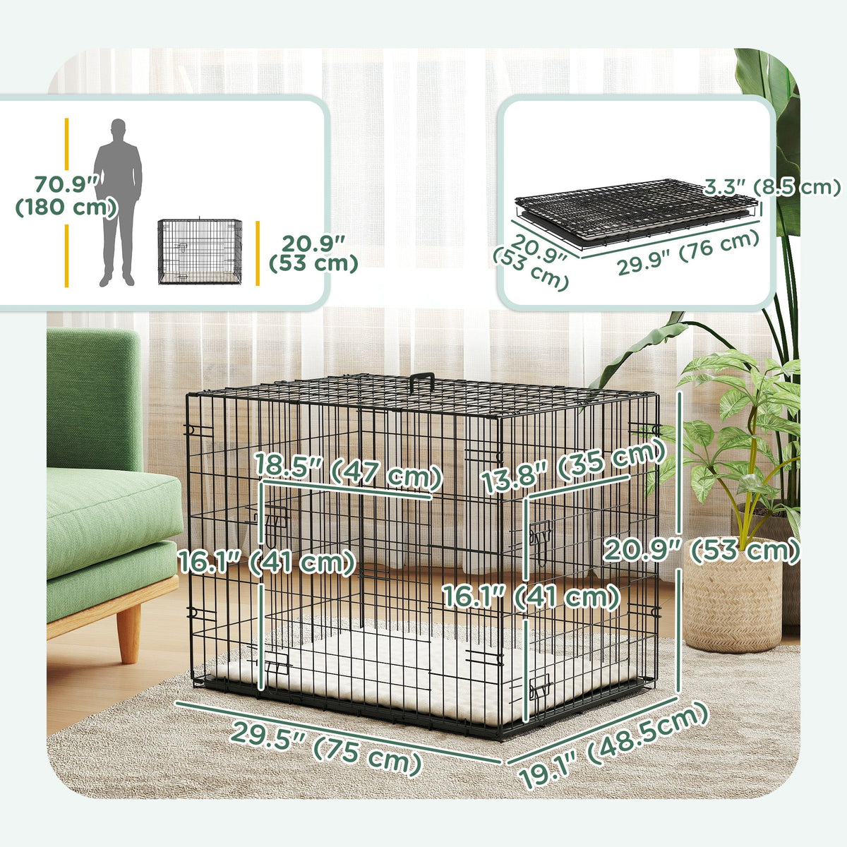 24" Dog Crate with 2 Doors, Folding Metal Dog Cage with Soft Cushion, Removable Tray, Handle for Extra Small Dogs, Black