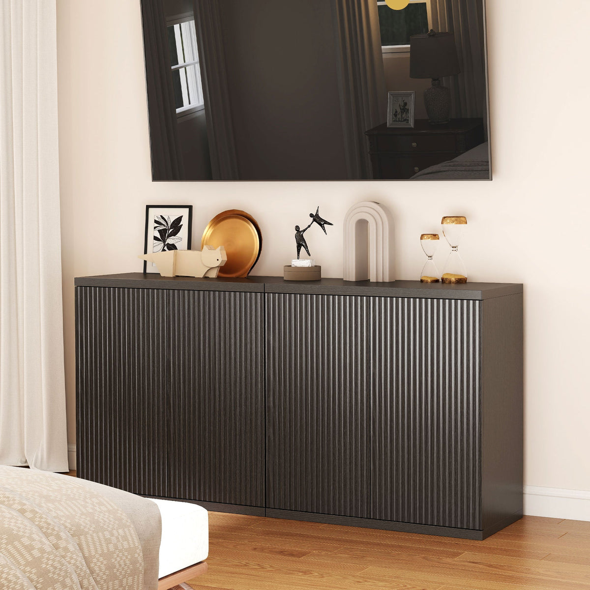 Sideboard Buffet Cabinet Set of 2, Kitchen Cabinet with Soft-Close Door and Adjustable Shelves, Distressed Black Grey