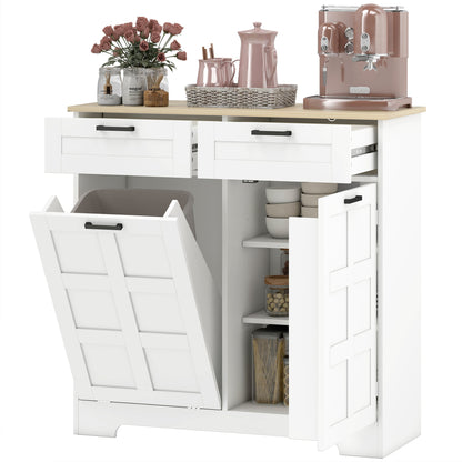 13 Gallon Tilt Out Garbage Cabinet, Kitchen Island with Trash Cabinet, 2 Drawers, Door Racks, Adjustable Shelves, Black