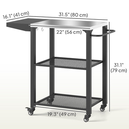 3-Shelf Outdoor Grill Cart Table with Side Handle, Stainless Steel Pizza Oven Stand on Wheels, Black