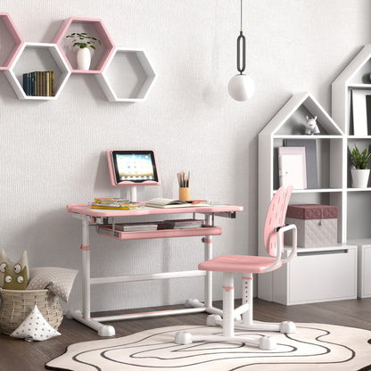 Height Adjustable Kids Desk and Chair Set with Tilt Desktop, Large Writing Board, Storage Drawer, Book Stand, Grey
