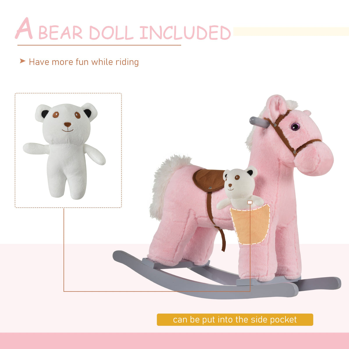 Kids Rocking Horse Plush Animal on Wooden Rockers with Sounds, Wooden Base and Bear Toy, Baby Rocking Chair, Brown