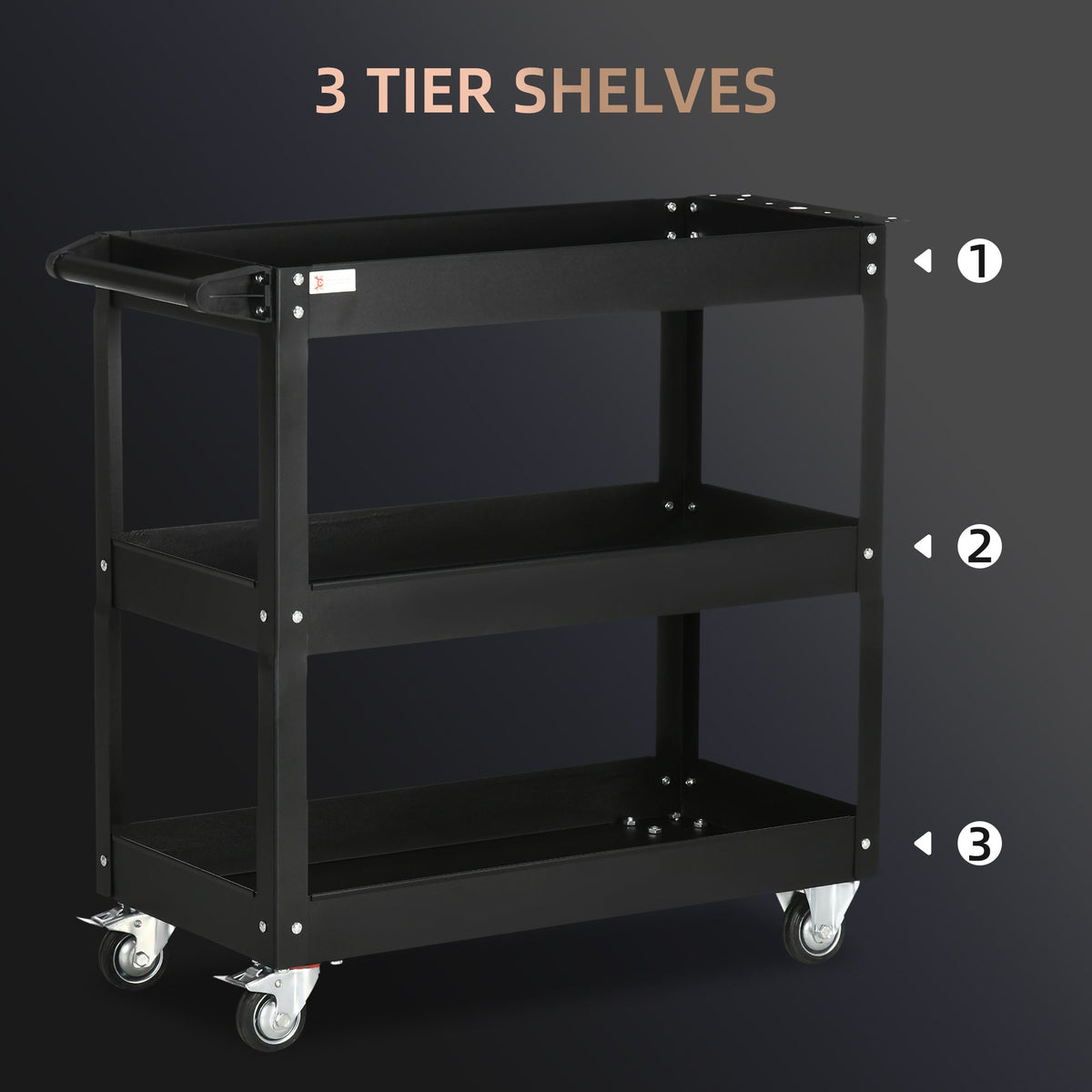 3 Tier Rolling Tool Cart with Wheels, 330 LBS Capacity Heavy Duty Utility Cart, Mobile Service Cart for Garage, Black