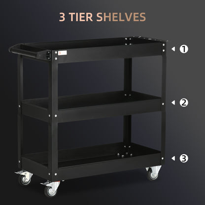 3 Tier Rolling Tool Cart with Wheels, 330 LBS Capacity Heavy Duty Utility Cart, Mobile Service Cart for Garage, Black