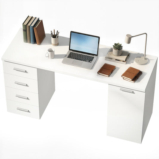 140 cm Computer Desk with Adjustable Shelf Home Office Desk with Drawers and Cabinet White Wood Grain