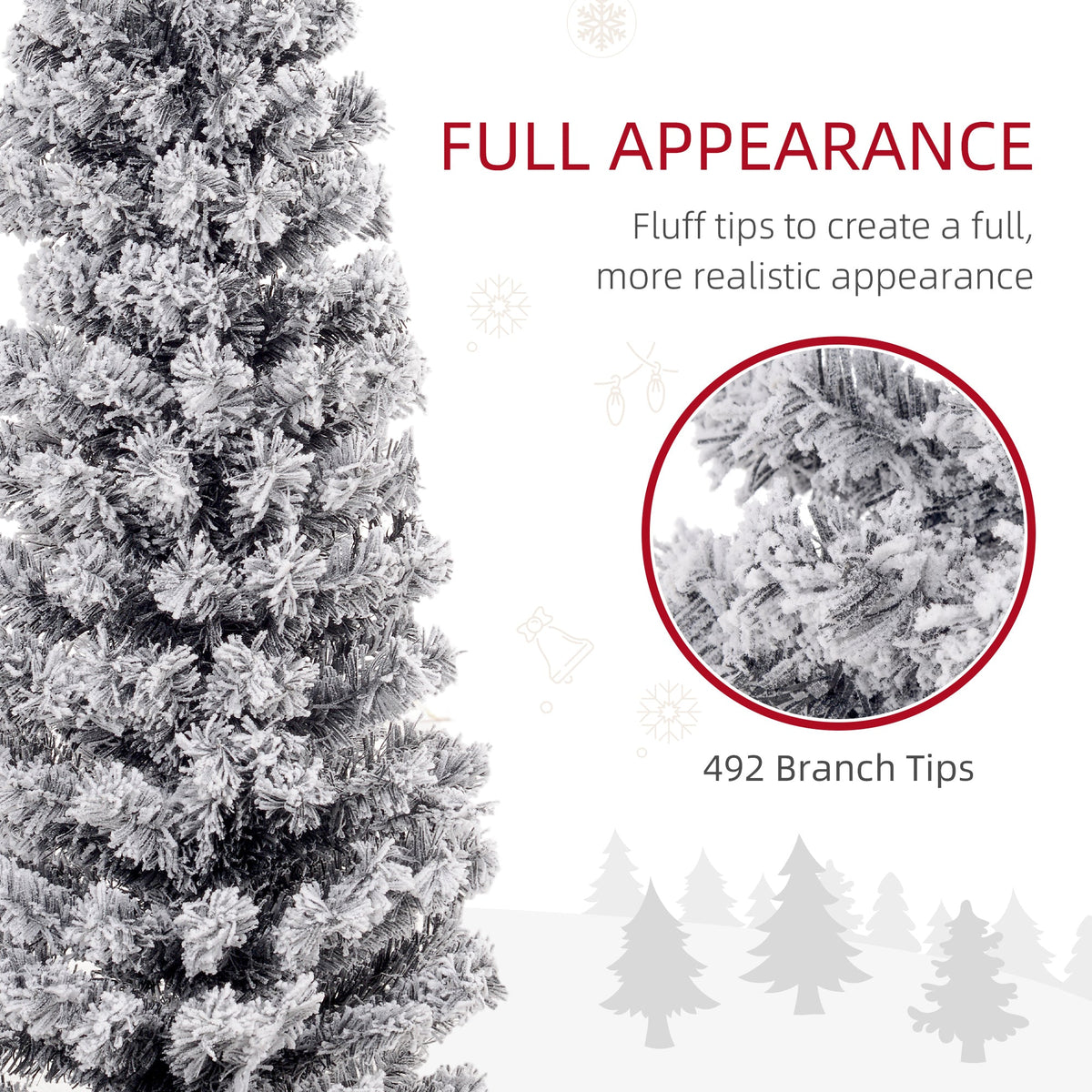 6ft Flocked Christmas Tree, Pencil Christmas Tree with Realistic Branch Tips, Folding Metal Stand, Green