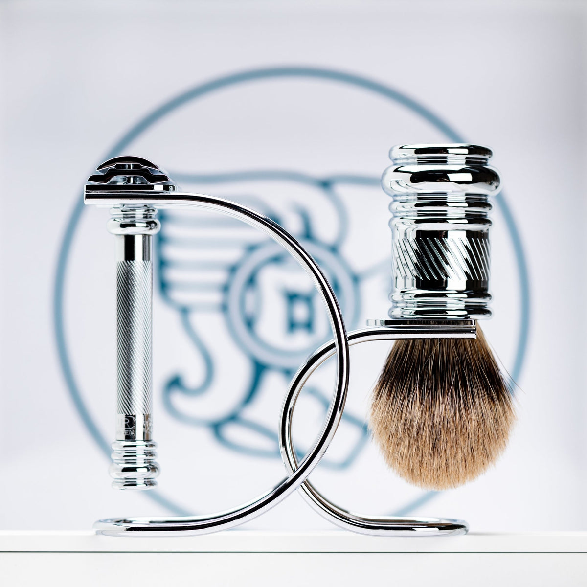 Merkur Shaving Set with MK-38001 Razor, Silver Tip Badger Brush and Curved 3-piece Stand, Chrome