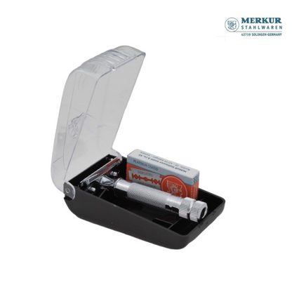 Merkur 34C 2-Piece DE Safety Razor, Closed Comb, Knurled Extra Thick Handle (HD), Chrome, in Hard Plastic Case with 10 Blades