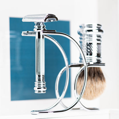 Merkur Shaving Set with MK-39001 Razor, Silver Tip Badger Brush and Curved 3-piece Stand, Chrome