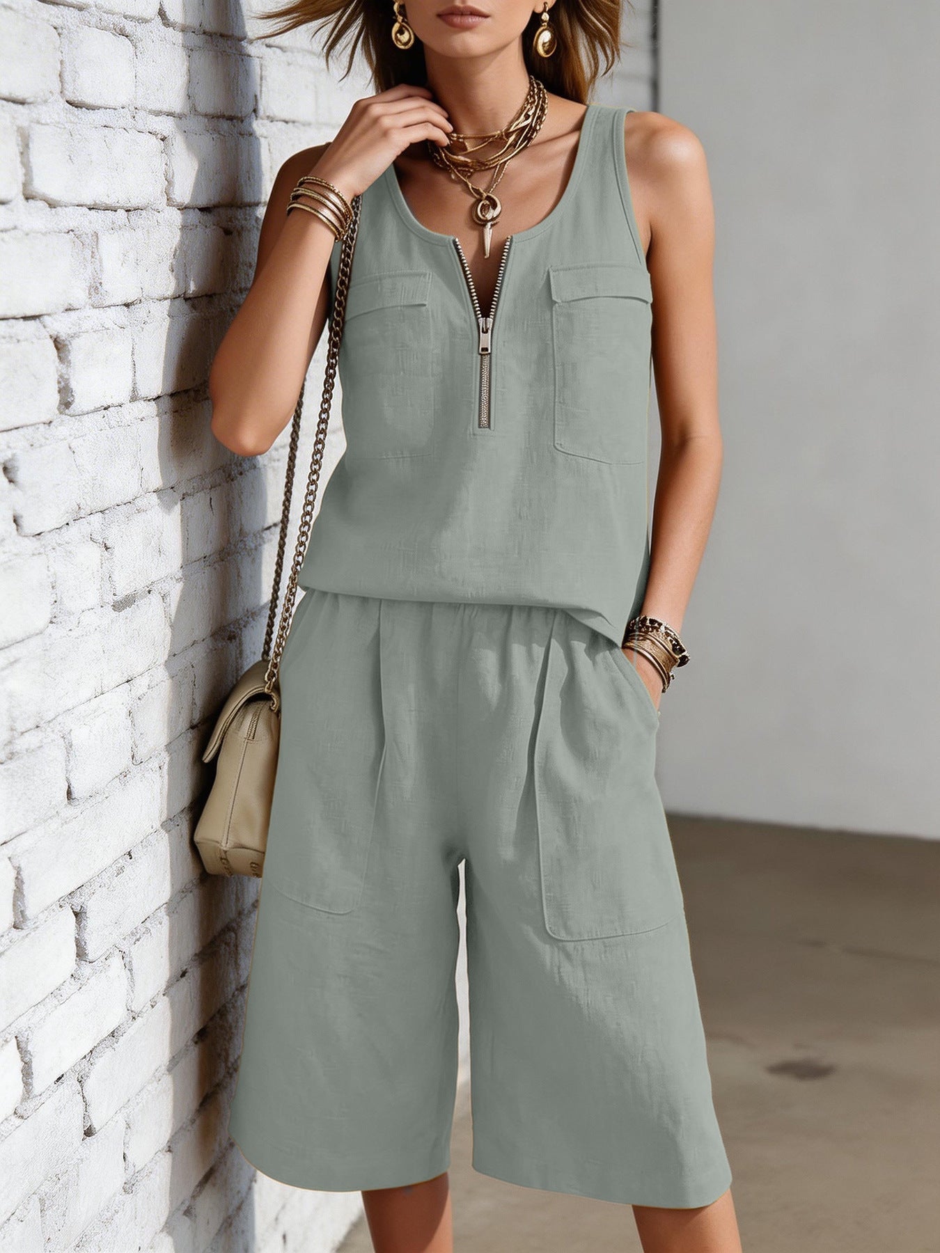 Sleeveless Tank Top And Straight-leg Capri Pants Casual Set