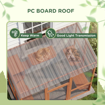 Large Outdoor Catio with Weatherproof Roof, Bridge, Resting Box, Platforms, Grey