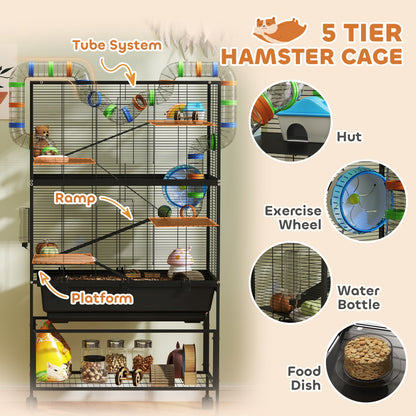 3 Tier Rolling Hamster Cage with 7" Deep Tray, Storage Shelf, Big Exercise Wheel, Tube System, for Syrian, Gerbil, Rat