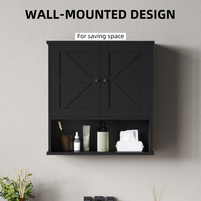 Farmhouse Bathroom Medicine Cabinet, Wall Cabinet with Barn Doors, and Adjustable Shelf for Laundry Room, Black