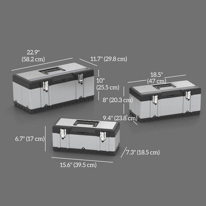3 Pieces Tool Box Set, Stainless Steel Toolbox with Tray, Handles, Latches, Tool Case for Workshop, Garage
