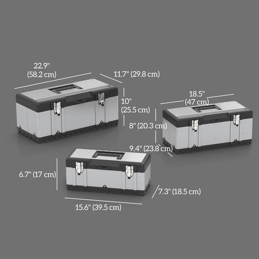 3 Pieces Tool Box Set, Stainless Steel Toolbox with Tray, Handles, Latches, Tool Case for Workshop, Garage